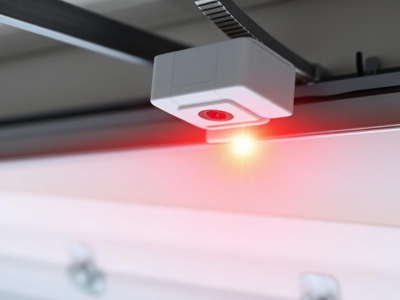 Close-up of garage door safety sensor being tested