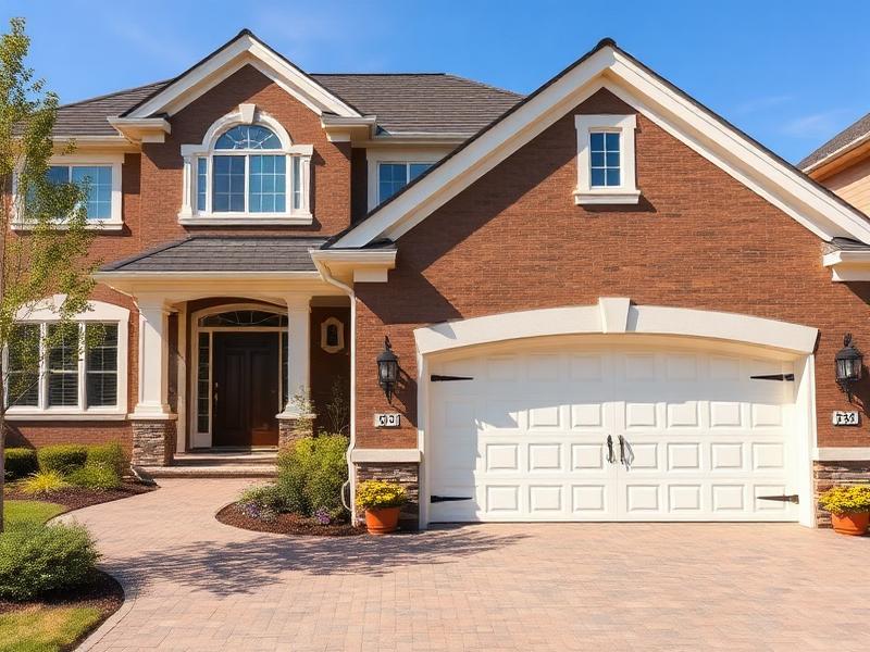 Various garage door styles shown on different home exteriors