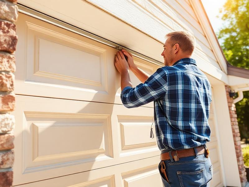 Homeowner performing summer maintenance on garage door