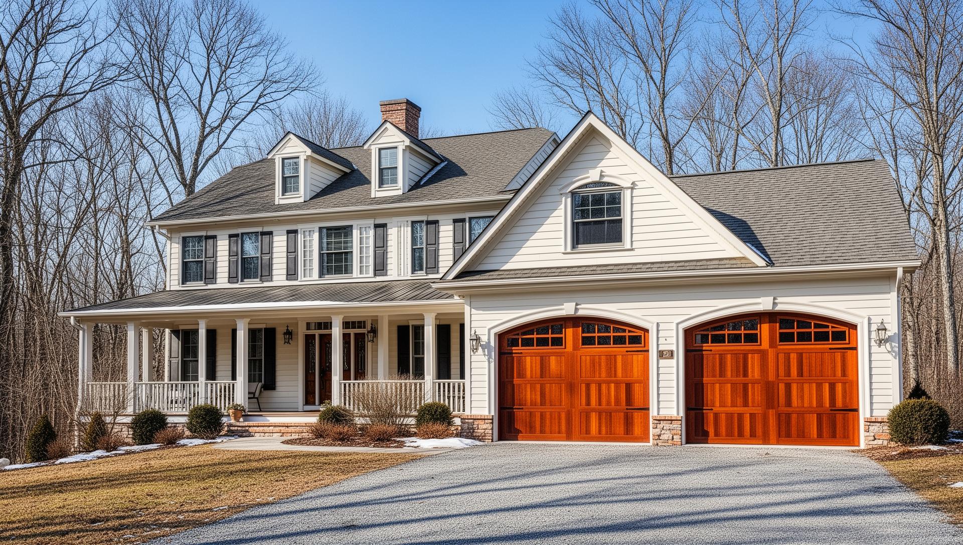 Classic farmhouse with elegant mahogany wood garage doors with arched windows