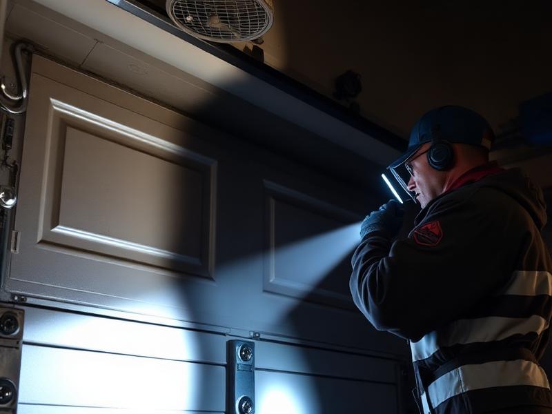 Emergency technician repairing broken garage door at night
