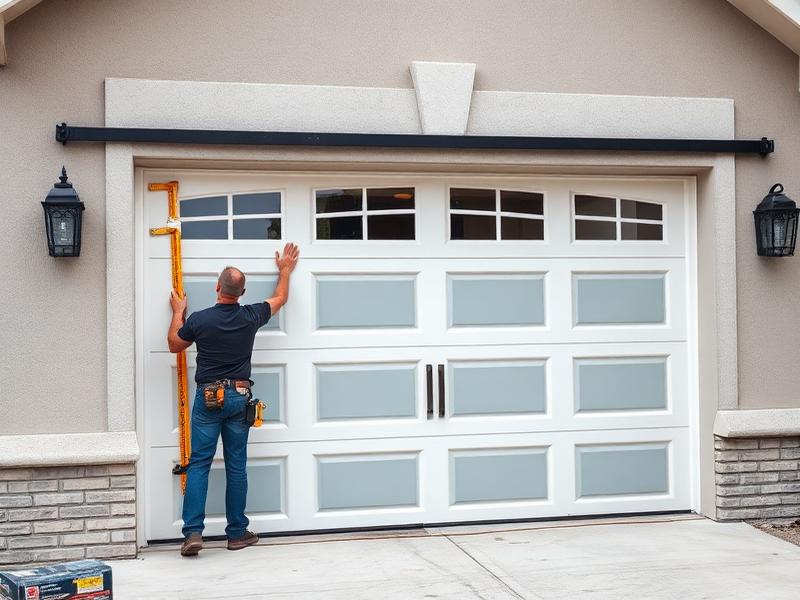 Professional installer measuring and fitting carriage-style garage door