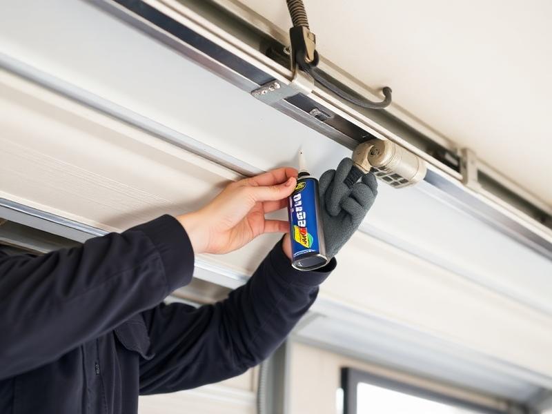 Technician lubricating garage door springs and hinges