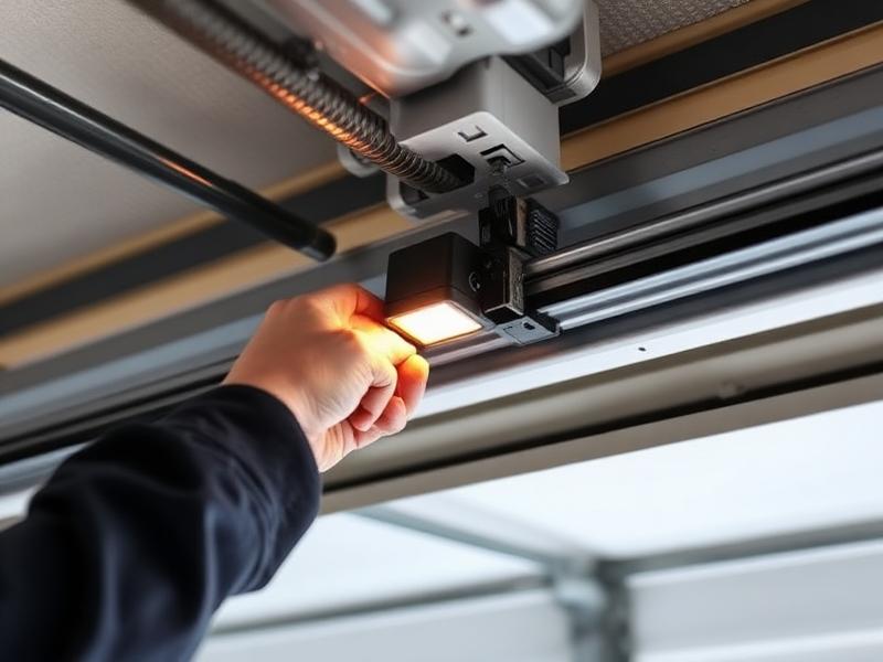 Technician adjusting garage door safety sensor calibration