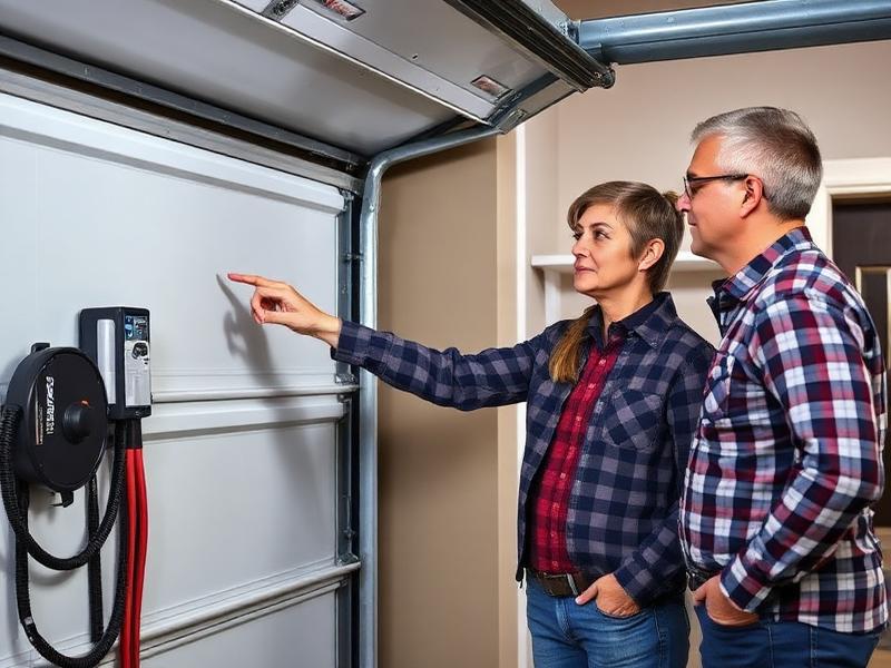 Technician explaining garage door repair options to homeowner couple